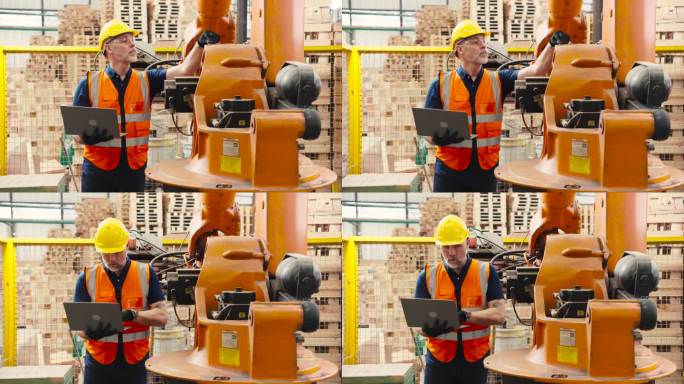 机器人工程师检查和修理自动机械臂的工作，检查情况是否完美，可以在工厂使用。