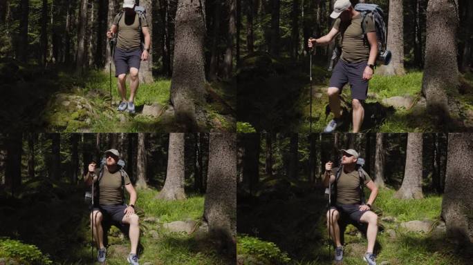 一个成年男子背着背包，把登山杖放在绿色森林的石头上