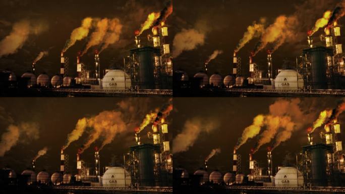 夕阳下阴郁的燃气发电站和储存工业中心，虚构的循环视频