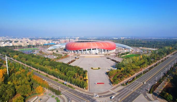 航拍宁夏吴忠青铜峡城市风景黄河体育馆