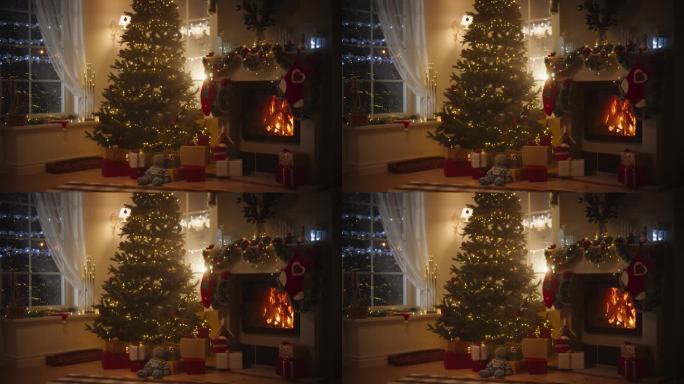 宁静的雪圣诞夜:在装饰角落的现代房子与圣诞树，壁炉和礼物的空镜头。一个家庭庆祝节日的家。慢动作静态