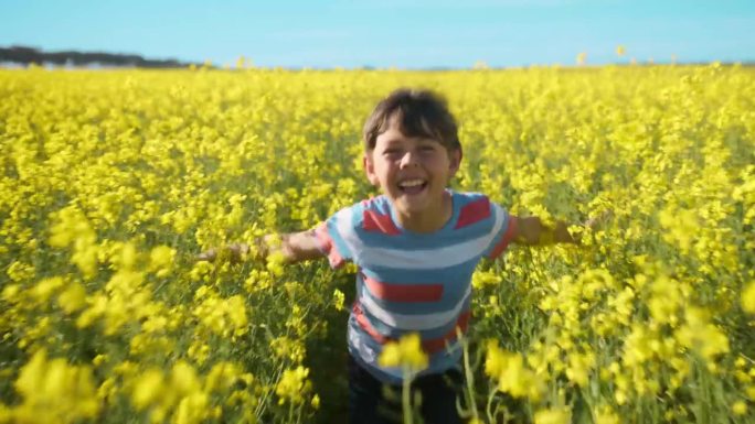 孩子，奔跑与大自然的花朵，田野或乡村的自由，农场或快乐的景观。孩子，在夏天或春天里奔跑和微笑，在绿色