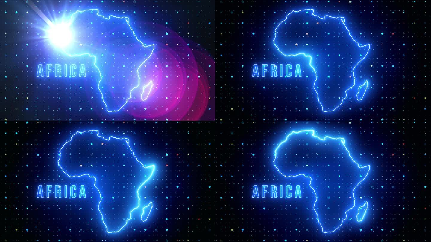 未来的蓝色闪耀非洲大陆轮廓地图和标签文本发光霓虹灯光学光耀斑运动揭示与星星闪耀网格