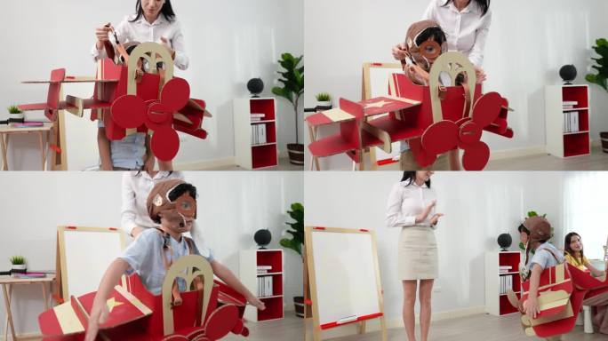 在幼儿园白色的客厅里，亚洲的孩子们在学校里把剪纸装饰成飞机的样子，老师则在用心练习。演技和能力的概念
