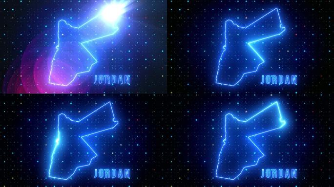 未来的蓝色闪耀乔丹轮廓地图和标签文本发光霓虹灯耀斑运动揭示与星星闪耀网格