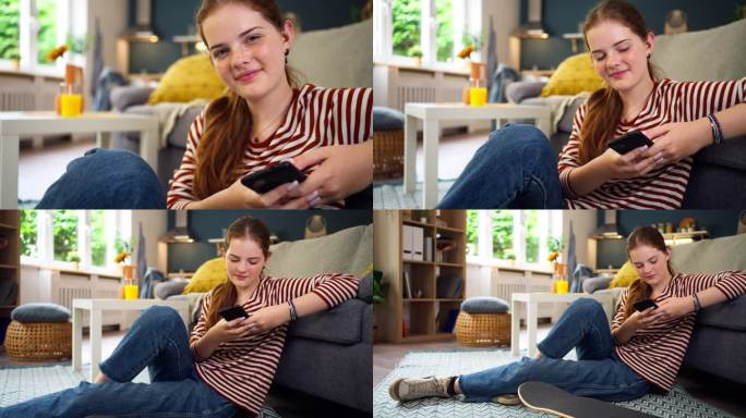 一个十几岁的女孩在家里使用智能手机的肖像