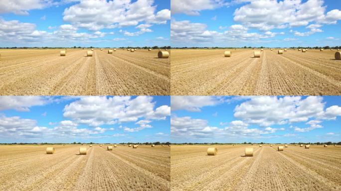 航拍镜头捕捉到了林肯郡农民刚刚收割的田地里风力涡轮机的宁静，金色的干草捆为这一场景增添了一丝魅力。