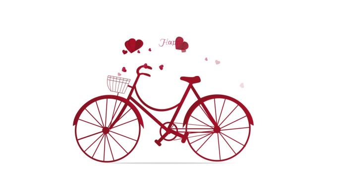 动画红色自行车和爱心从自行车篮子和手写的动画文字情人节快乐孤立在白色背景。动画自行车进入从右。