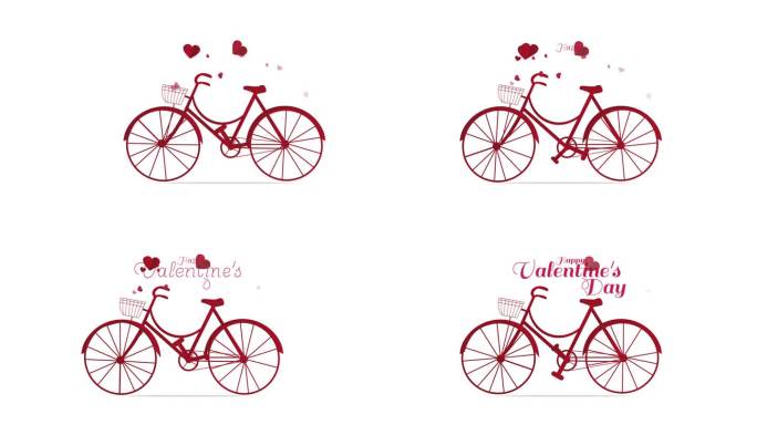 动画红色自行车和爱心从自行车篮子和手写的动画文字情人节快乐孤立在白色背景。动画自行车进入从右。