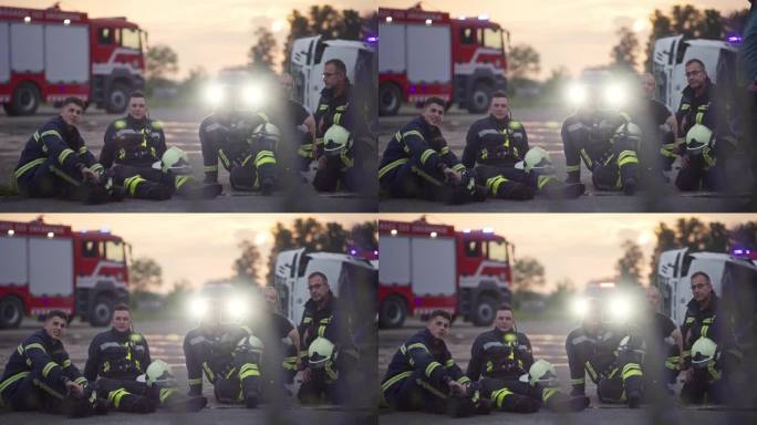 勇敢的消防队员走向镜头。背景:救护人员和消防员救援队在车祸中救火，保险和救人的理念。