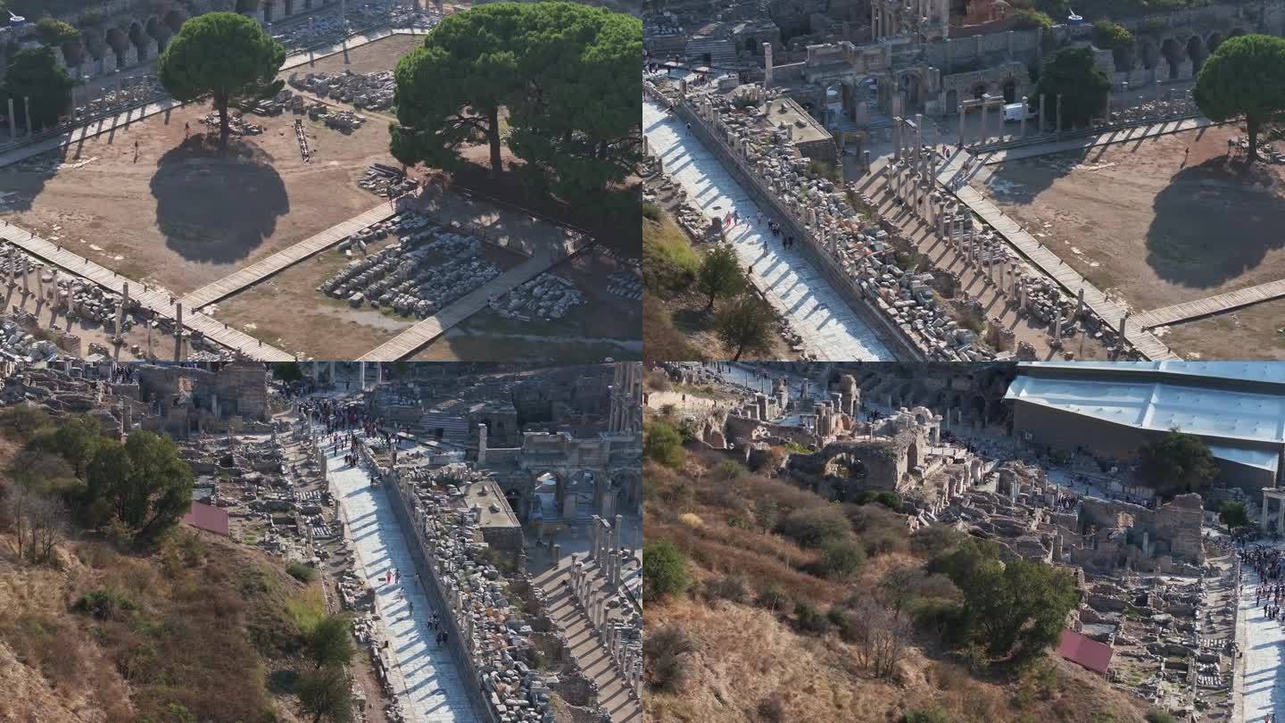 以弗所古城(Efes Antik Sehri)无人机视频，土耳其塞尔库克伊兹密尔(土耳其)