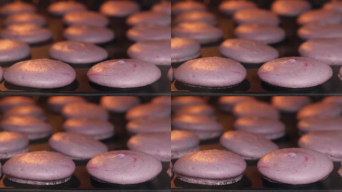延时拍摄的视频展示了在烤箱中烘烤自制紫色马卡龙饼干