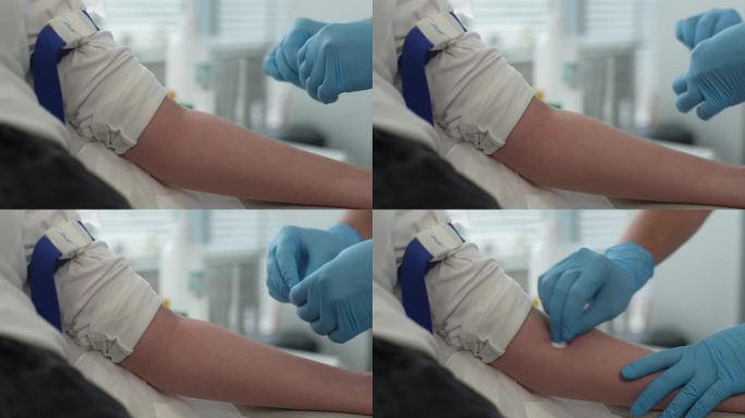 特写镜头中，无法辨认的女医生戴着蓝色医用手套，手拿着沾有医用酒精的棉絮和湿巾，将取血进行分析