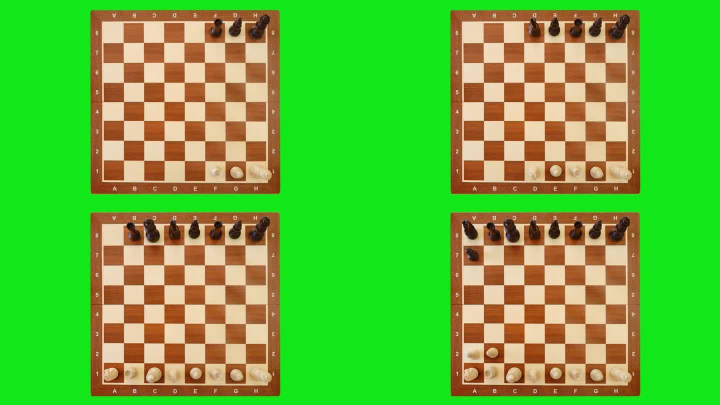 棋子按随机顺序排列960，在棋盘上俯视图，停止运动。开始的费舍尔国际象棋游戏，视频上的铬