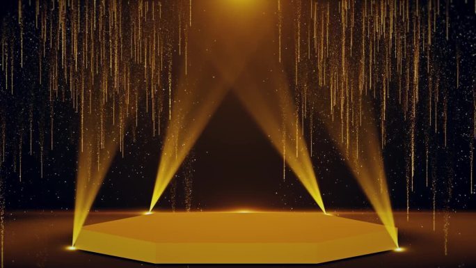 颁奖晚会舞台金碧辉煌舞台动画。星星，光和粒子。奢华的金色轻条纹。