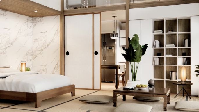 卧室内饰简约风格，日式内饰。三维渲染