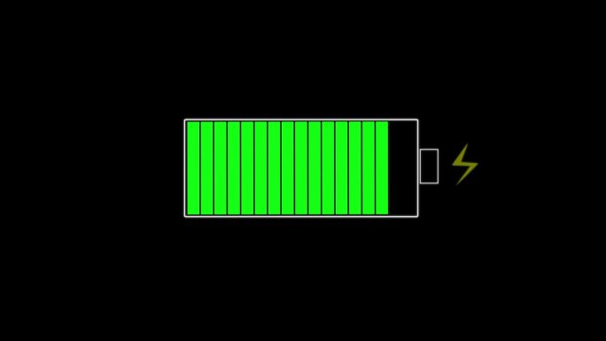 数码电池图标。充电器，运行从低到绿色充满手机电池。电池