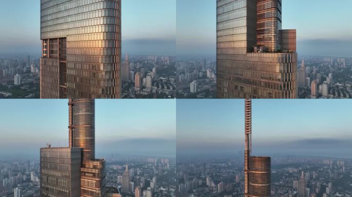 航拍江苏省南京市落日阳光下的紫峰大厦