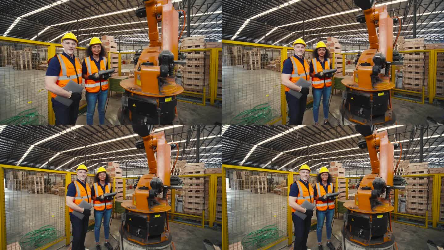 机器人工程师检查和修理自动机械臂的工作，检查情况是否完美，可以在工厂使用