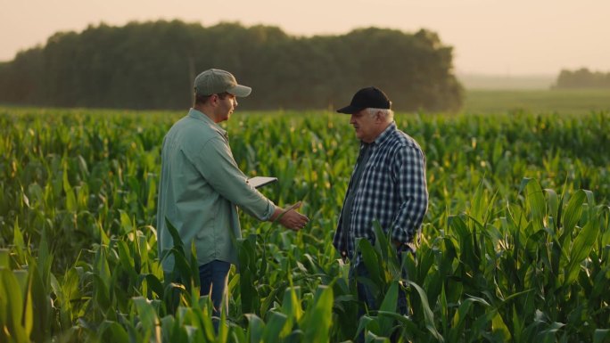 两个农民在夏天的玉米地里握手，粮食贸易和供应的交易，农业综合企业