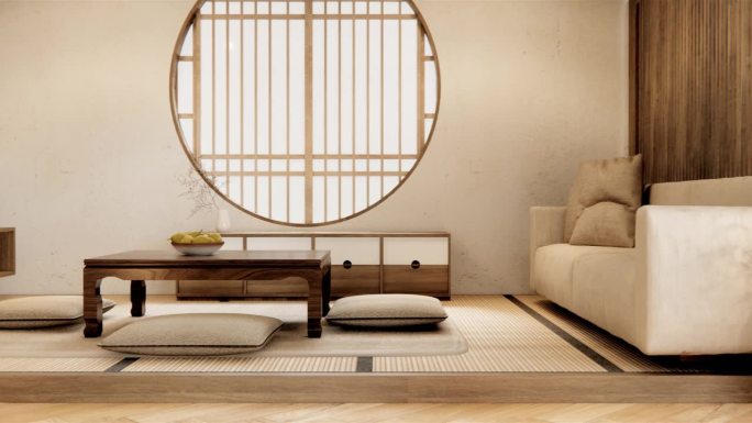 大房间室内设计在现代客厅黑色矮桌，灯，花瓶，和装饰日本风格。三维渲染