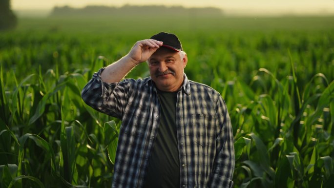 快乐的农民在长满玉米的绿色田野里，老人看着并微笑着