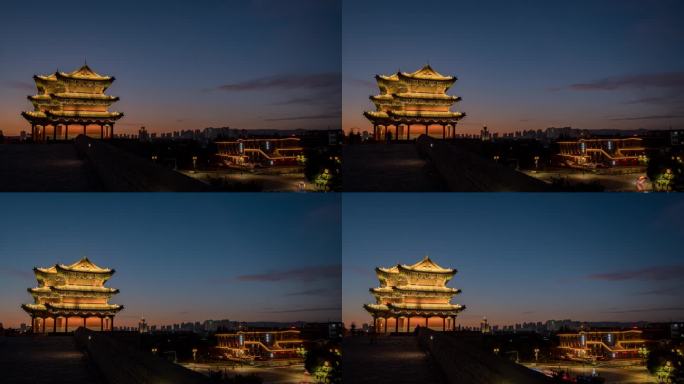 大同永泰门城墙日落晚霞夜景延时视频