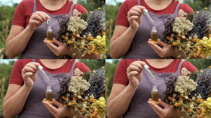 女人用草药和干花替代药材和药茶。有选择性的重点。大自然。
