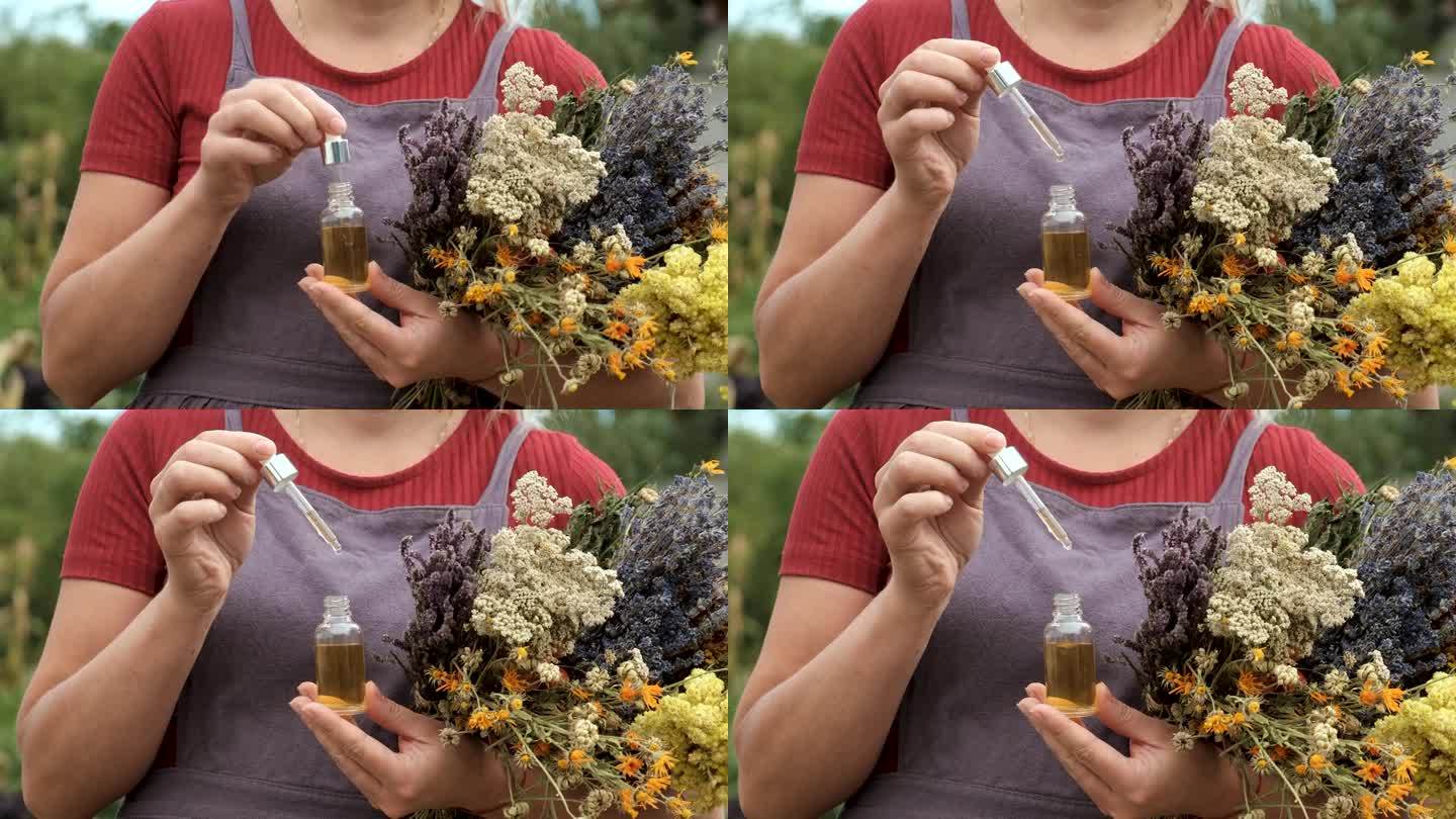 女人用草药和干花替代药材和药茶。有选择性的重点。大自然。