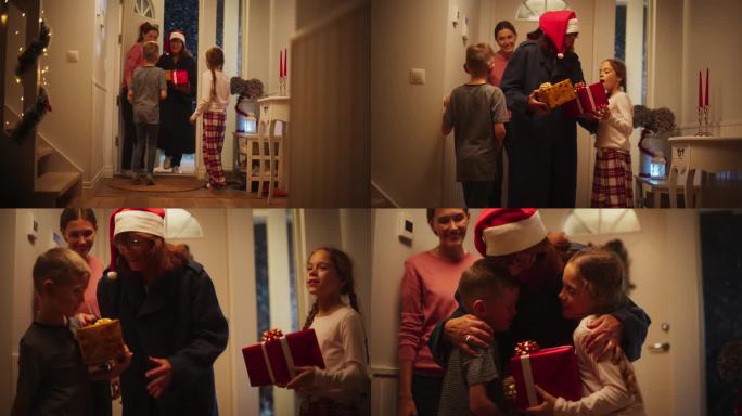 一家人一起庆祝寒假。小儿子和女儿见到祖母，祖母带着节日礼物刚到。祖父母在圣诞节和新年拜访家人