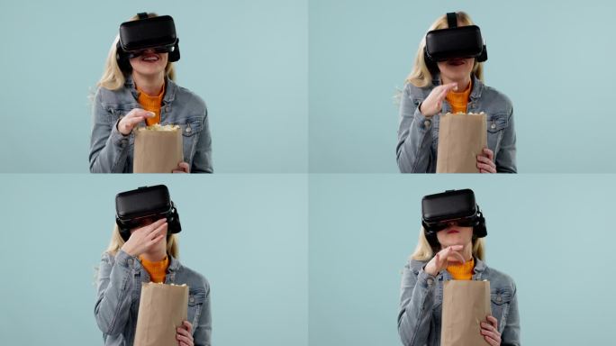 虚拟现实，女人和爆米花，有趣的视频与3D体验，虚拟世界和未来技术在蓝色背景。玉米零食，喜剧电影和软件