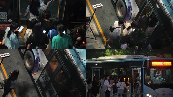 上班族人群下班挤公交车深圳城市夜色4K