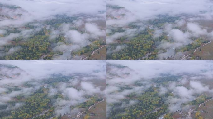 航拍新疆阿勒泰禾木风景区的秋雾