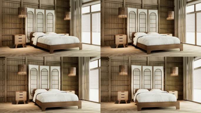 卧室内饰简约风格，日式内饰。三维渲染