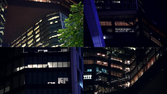 科技园腾讯大厦写字楼夜景加班窗户亮灯4K