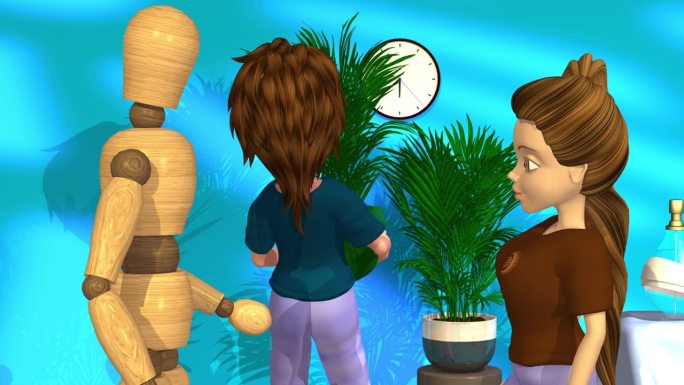 3d动画，一个卡通人物拿着一棵植物在一堵蓝色的墙前，另一个卡通人物和一个木偶说话