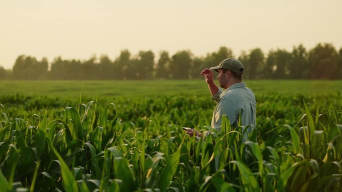 农学家拿着写字板走在玉米地里，做着笔记，等待着丰收