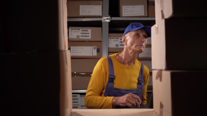仓库的高级商人。配送中心主管。纸箱旁的老男经理在用笔记本电脑。履约经理带着笔记本电脑。