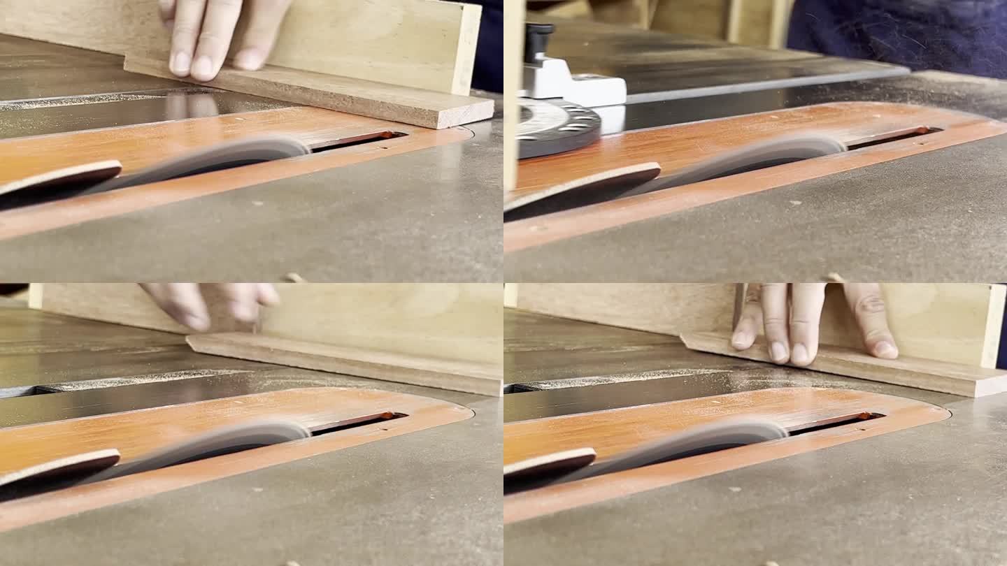 木匠在台锯上做45度角的斜角切割。