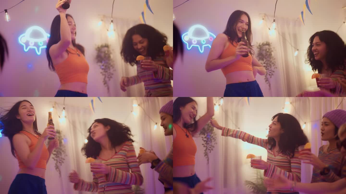 晚上，年轻的亚洲女孩在家里的客厅里一起跳舞，一起跳时髦的音乐。