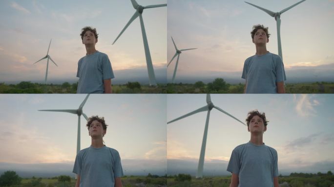 少年背对着风车的背影。未来人类的概念。发展电力产业经营自然可再生能源