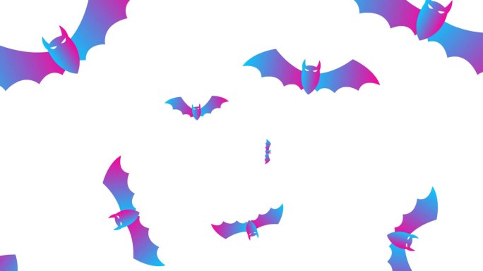 动画粉蓝蝙蝠从屏幕中央飞出来。毛圈的视频。万圣节的概念，黑色星期五。平面矢量插图孤立在一个白色的背景