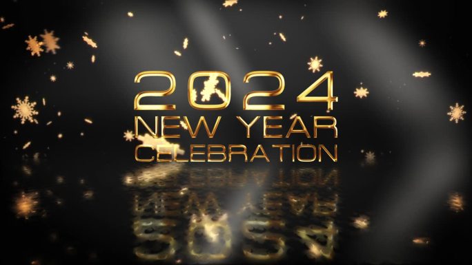 2024年新年庆祝金文闪耀光动画与美丽的辉光雪花流动和散景电影标题抽象背景。新年标题介绍节日装饰庆祝