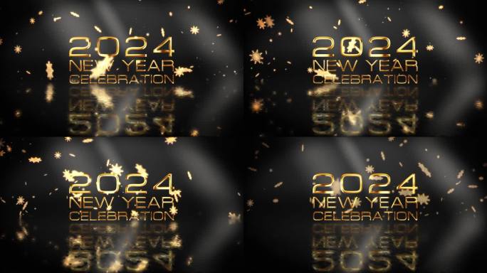 2024年新年庆祝金文闪耀光动画与美丽的辉光雪花流动和散景电影标题抽象背景。新年标题介绍节日装饰庆祝