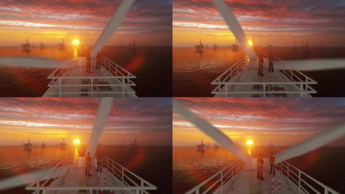 一名维护工人站在海上风力涡轮机顶部，旁边是日出时的石油钻井平台