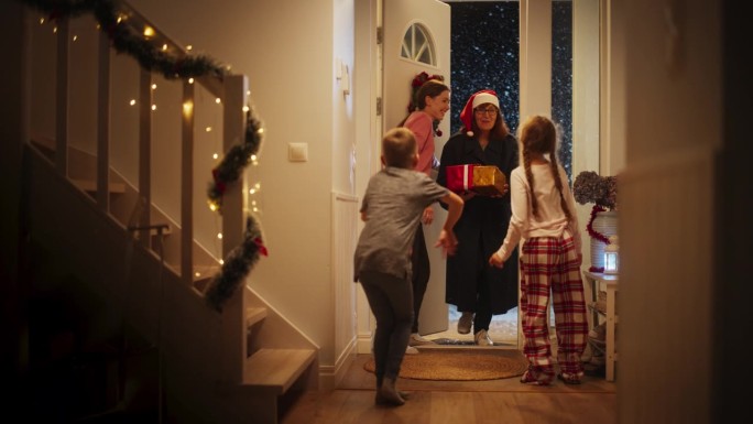 在装饰着花环的家中，年轻的母亲在门口迎接祖父母，小男孩和小女孩带着圣诞礼物跑去见他们的祖母。慢动作镜