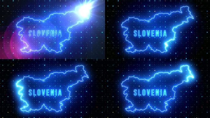 未来的蓝色闪耀斯洛文尼亚轮廓地图和标签文本发光霓虹灯耀斑运动揭示与星星闪耀网格