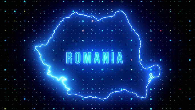 未来的蓝色闪耀罗马尼亚轮廓地图和标签文本发光霓虹灯耀斑运动揭示与星星闪耀网格
