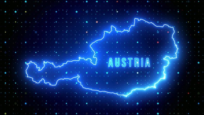 未来的蓝色闪耀奥地利轮廓地图和标签文本发光霓虹灯耀斑运动揭示与星星闪耀网格