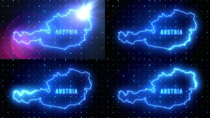 未来的蓝色闪耀奥地利轮廓地图和标签文本发光霓虹灯耀斑运动揭示与星星闪耀网格